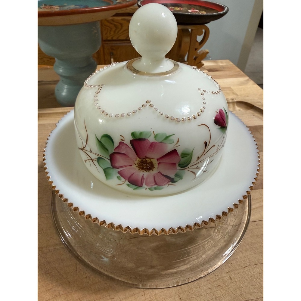 Vintage Heisy Glass mikglass Beaded Swag Butter Dish